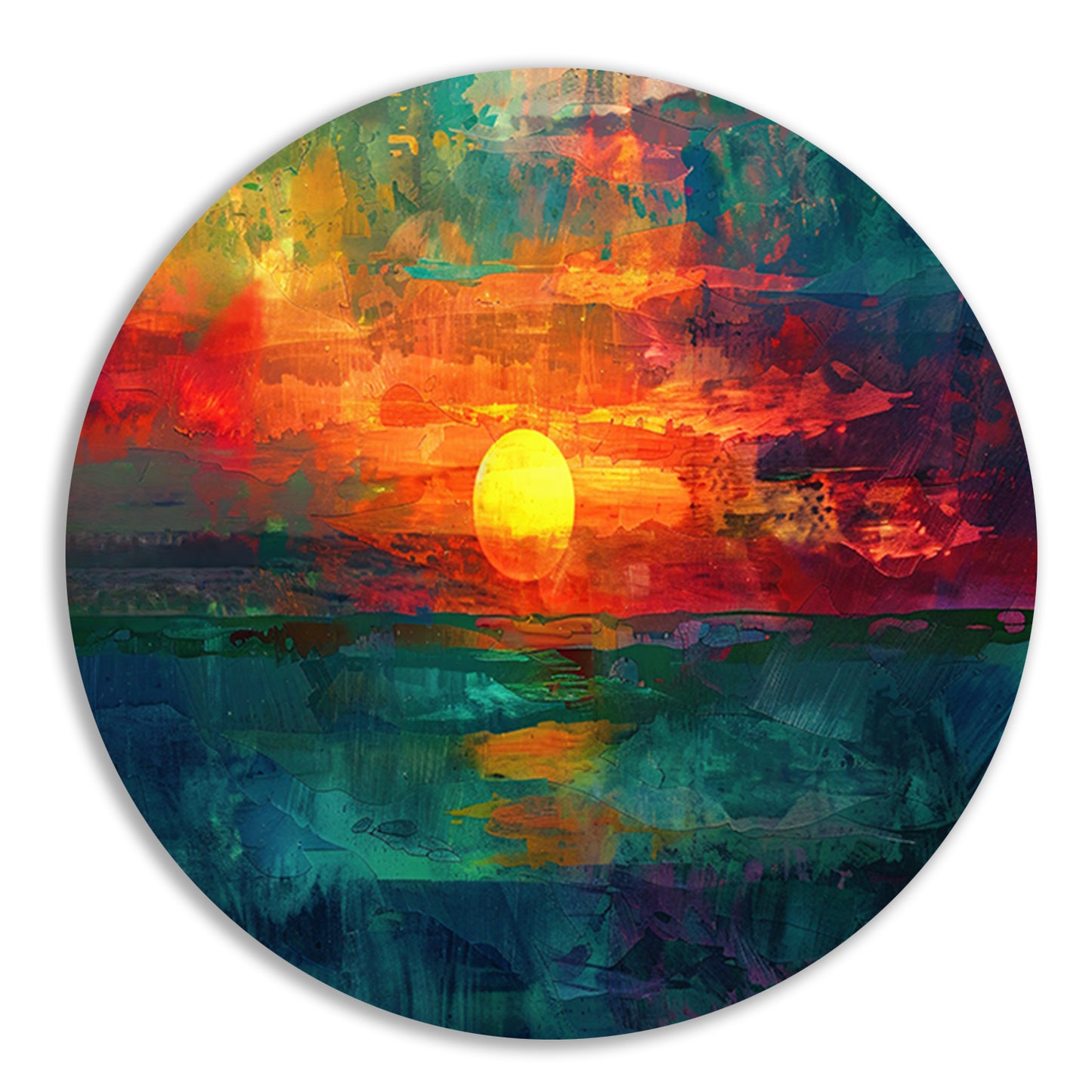 Kleurrijke digitale zonsondergang schilderij aluminium muurcirkel
