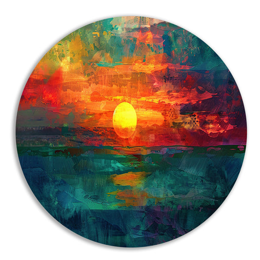 Kleurrijke digitale zonsondergang schilderij aluminium muurcirkel