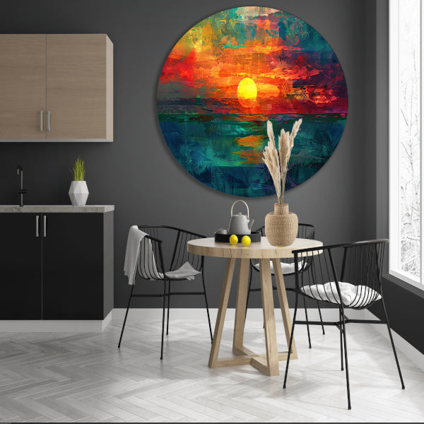 Kleurrijke digitale zonsondergang schilderij aluminium muurcirkel