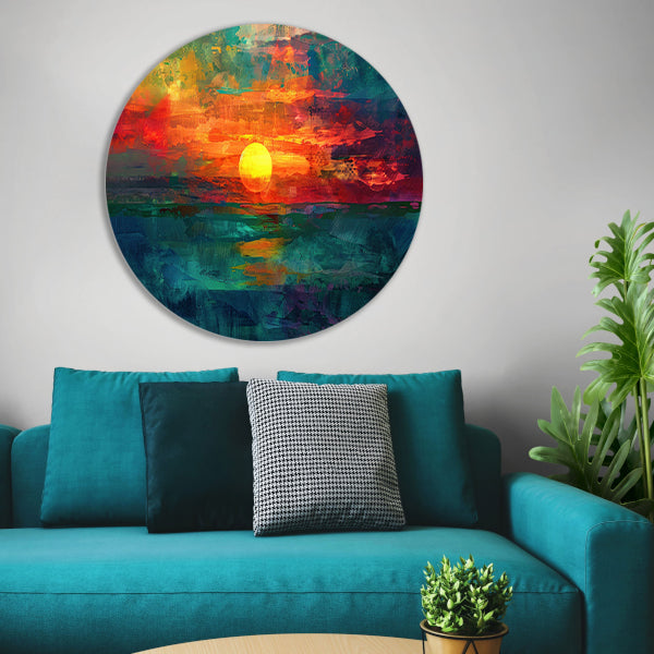 Kleurrijke digitale zonsondergang schilderij aluminium muurcirkel