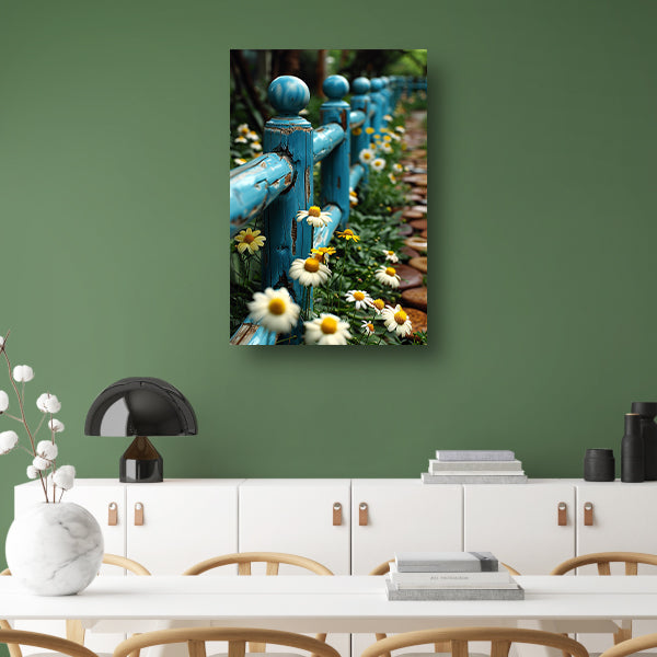 Blauw verweerd hek met margrieten in tuin canvas met baklijst