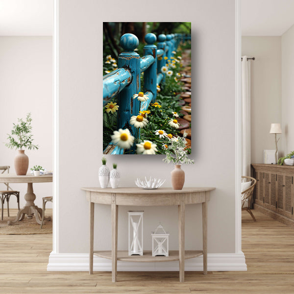 Blauw verweerd hek met margrieten in tuin canvas met baklijst