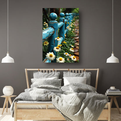 Blauw verweerd hek met margrieten in tuin tuinposter
