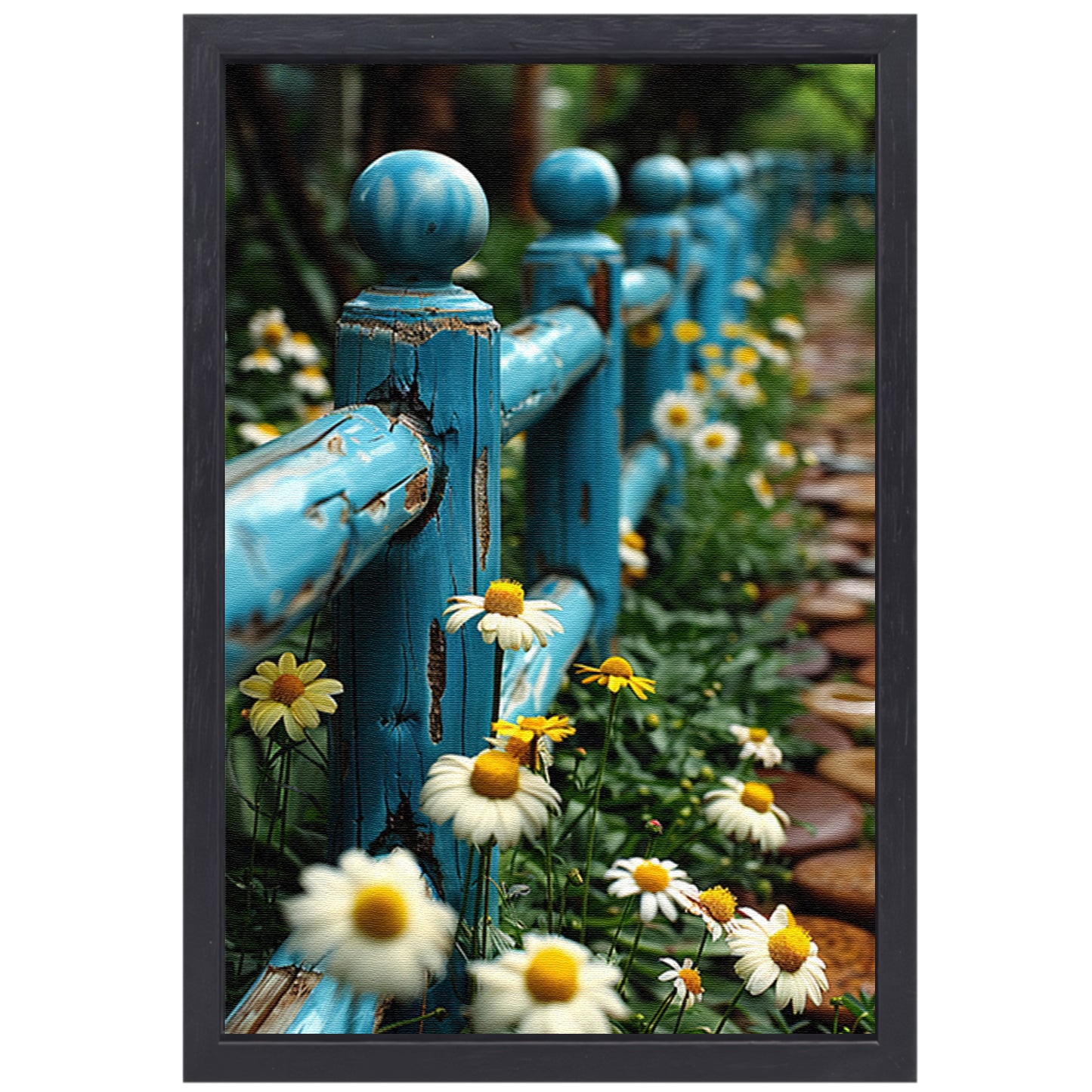 Blauw verweerd hek met margrieten in tuin canvas met baklijst