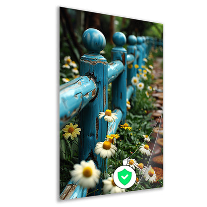 Blauw verweerd hek met margrieten in tuin poster