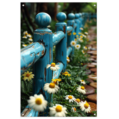 Blauw verweerd hek met margrieten in tuin tuinposter