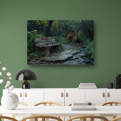 Impressionistisch bankje in het bos canvas met baklijst