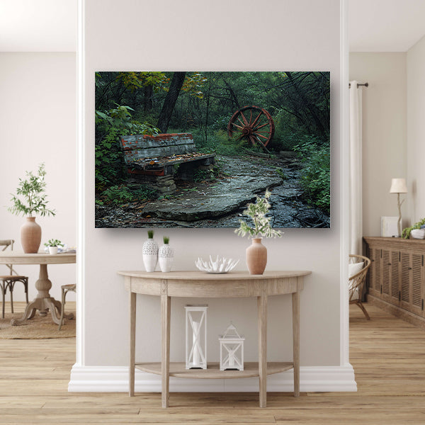 Impressionistisch bankje in het bos canvas met baklijst