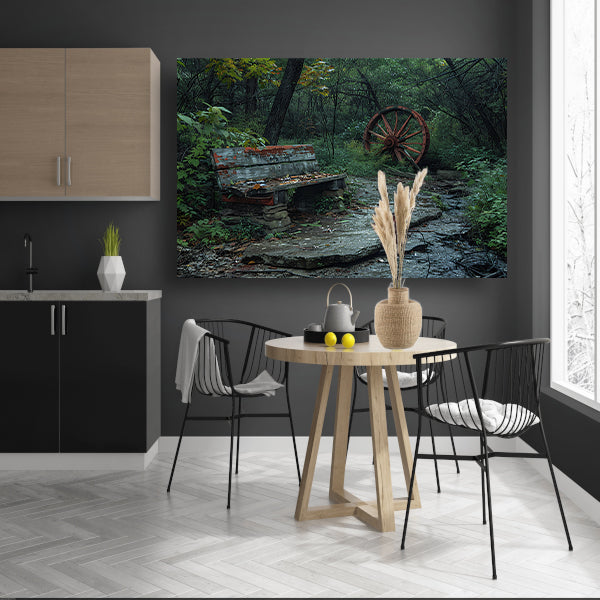 Impressionistisch bankje in het bos canvas met baklijst