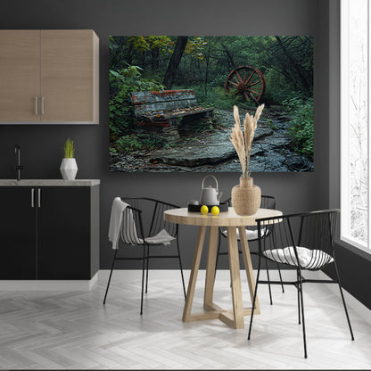 Impressionistisch bankje in het bos canvas met baklijst