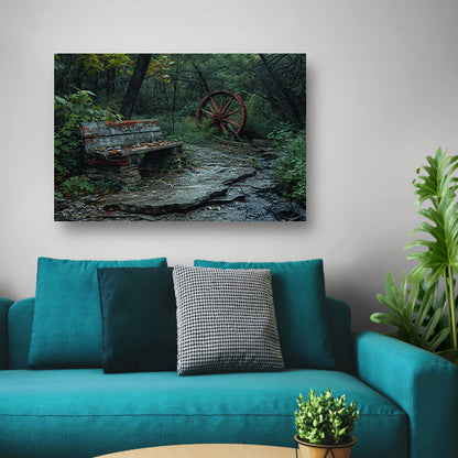 Impressionistisch bankje in het bos canvas met baklijst