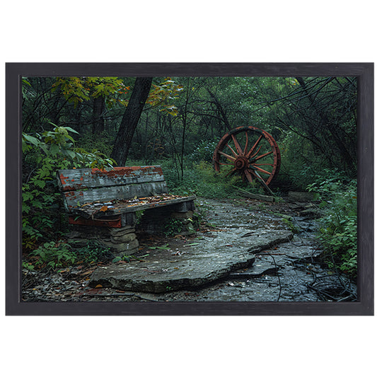 Impressionistisch bankje in het bos canvas met baklijst