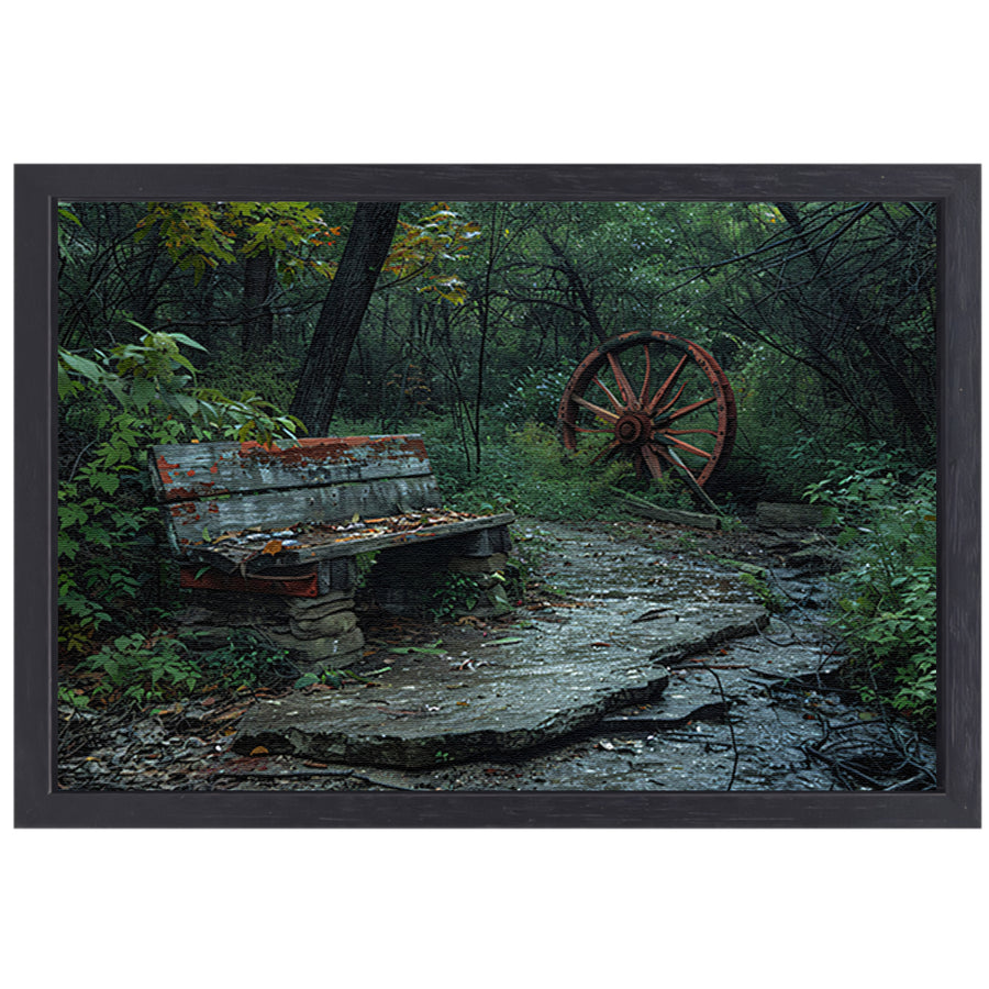 Impressionistisch bankje in het bos canvas met baklijst