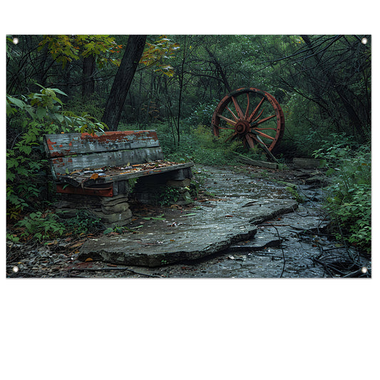 Impressionistisch bankje in het bos tuinposter