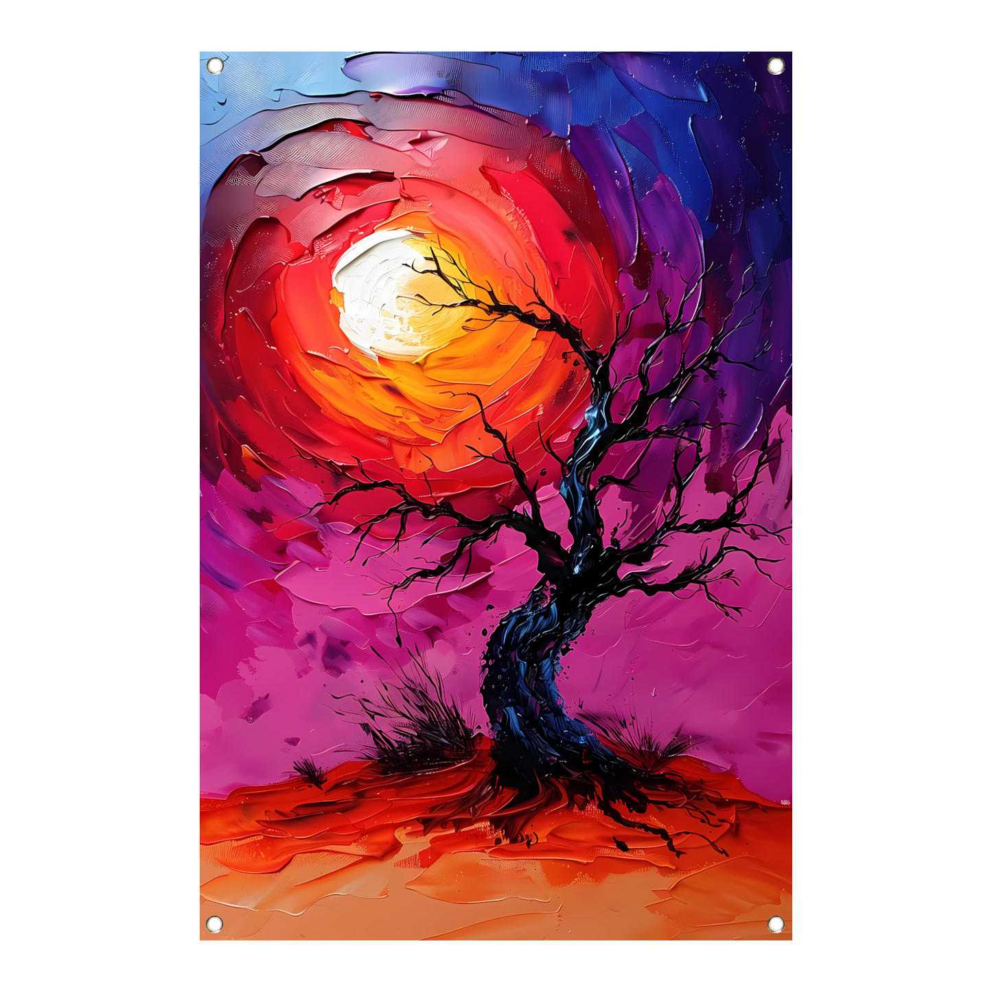 Abstracte kleurrijke boom bij zonsondergang tuinposter