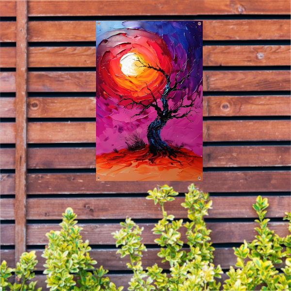 Abstracte kleurrijke boom bij zonsondergang tuinposter