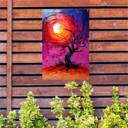 Abstracte kleurrijke boom bij zonsondergang tuinposter