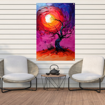 Abstracte kleurrijke boom bij zonsondergang tuinposter