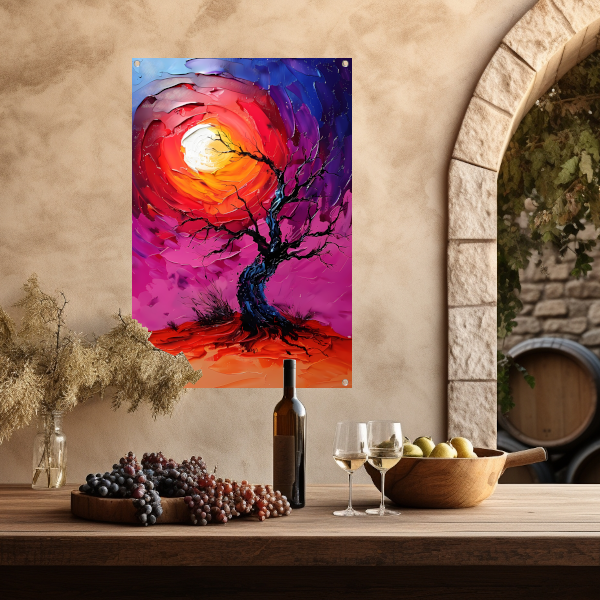 Abstracte kleurrijke boom bij zonsondergang tuinposter