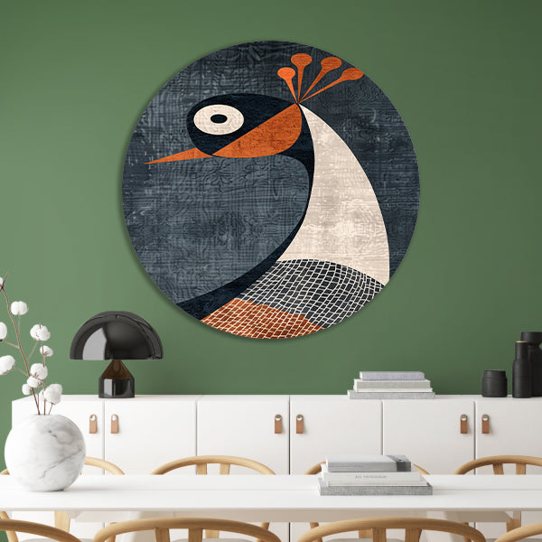 Geometrische minimalistische vogelillustratie in kleur aluminium muurcirkel