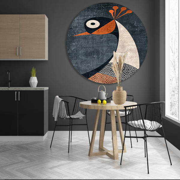 Geometrische minimalistische vogelillustratie in kleur aluminium muurcirkel