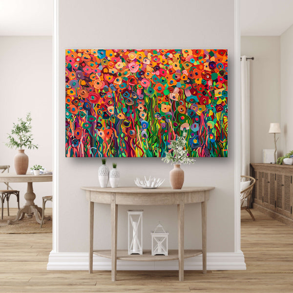 Abstract kleurrijk bloemenveld schilderij canvas met baklijst