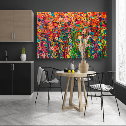 Abstract kleurrijk bloemenveld schilderij canvas met baklijst