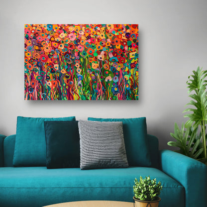 Abstract kleurrijk bloemenveld schilderij canvas met baklijst