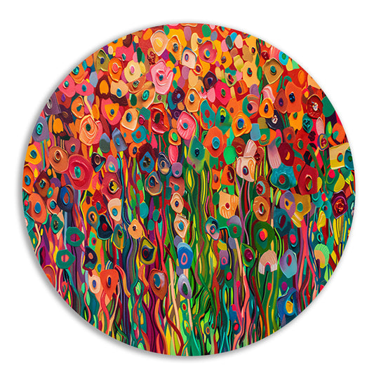 Abstract kleurrijk bloemenveld schilderij aluminium muurcirkel