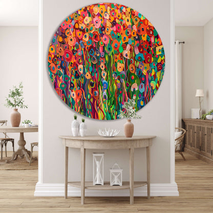 Abstract kleurrijk bloemenveld schilderij aluminium muurcirkel