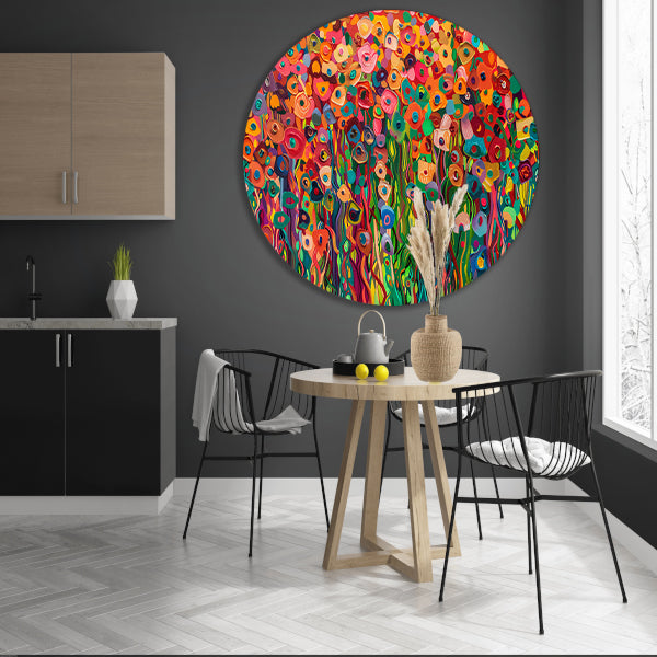 Abstract kleurrijk bloemenveld schilderij aluminium muurcirkel