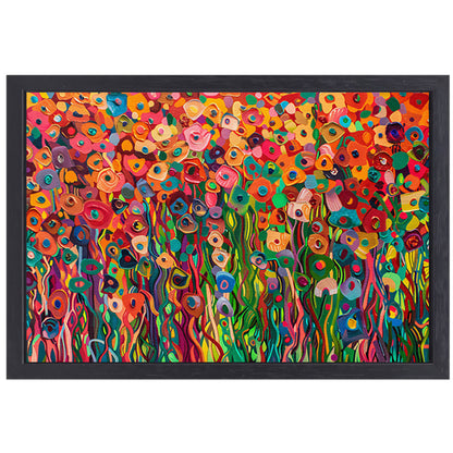 Abstract kleurrijk bloemenveld schilderij canvas met baklijst