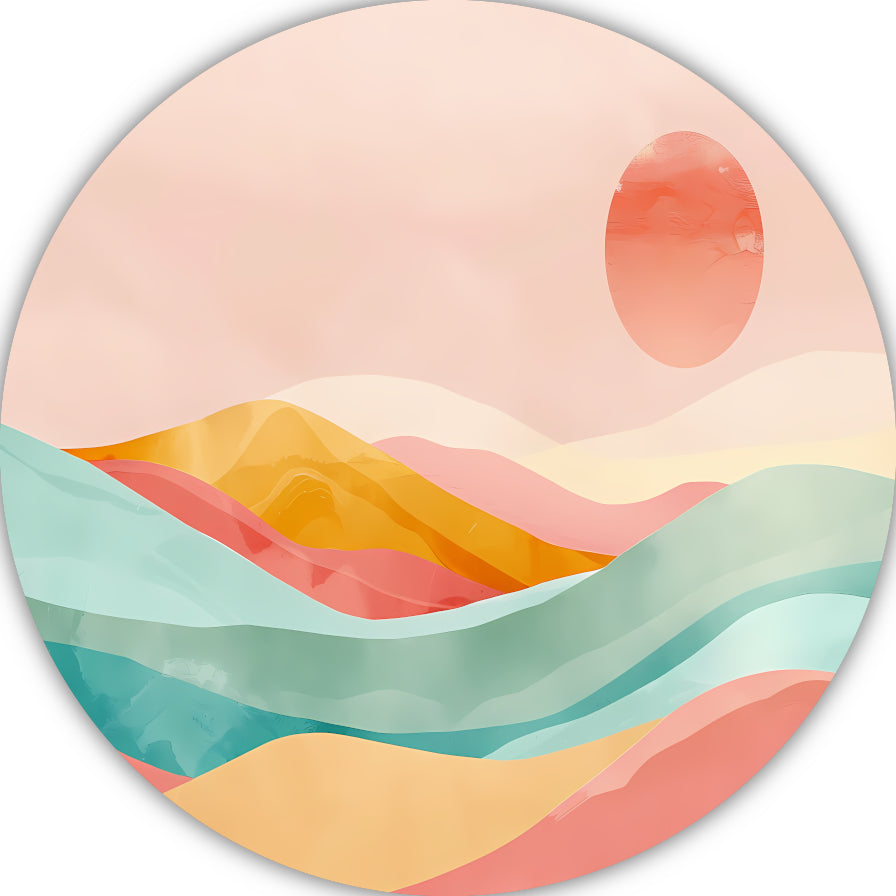 Abstracte pastelkleuren landschap met glooiende heuvels aluminium muurcirkel