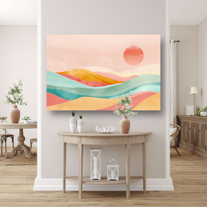 Abstracte pastelkleuren landschap met glooiende heuvels poster