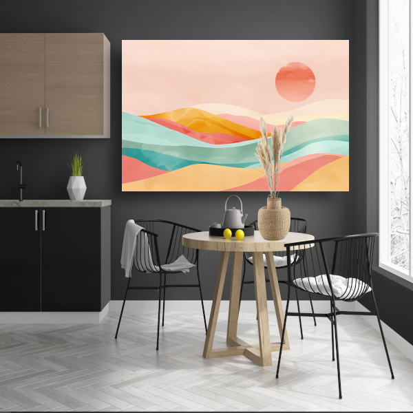 Abstracte pastelkleuren landschap met glooiende heuvels poster
