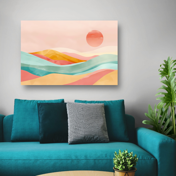 Abstracte pastelkleuren landschap met glooiende heuvels poster