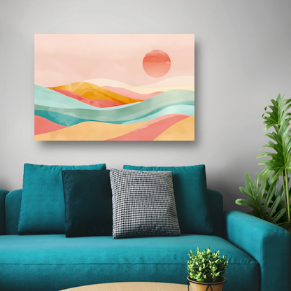 Abstracte pastelkleuren landschap met glooiende heuvels poster