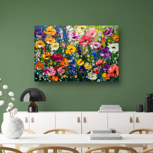 Kleurrijk schilderij van bloemenweide canvas