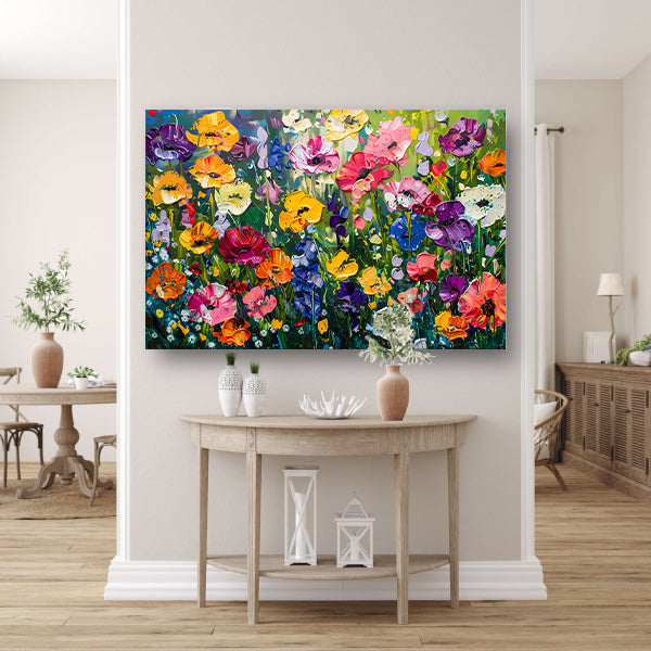 Kleurrijk schilderij van bloemenweide canvas