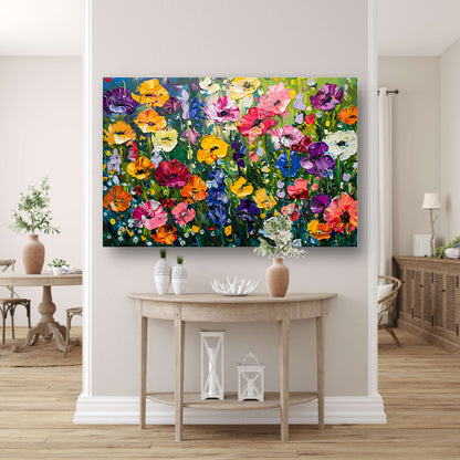 Kleurrijk schilderij van bloemenweide canvas met baklijst