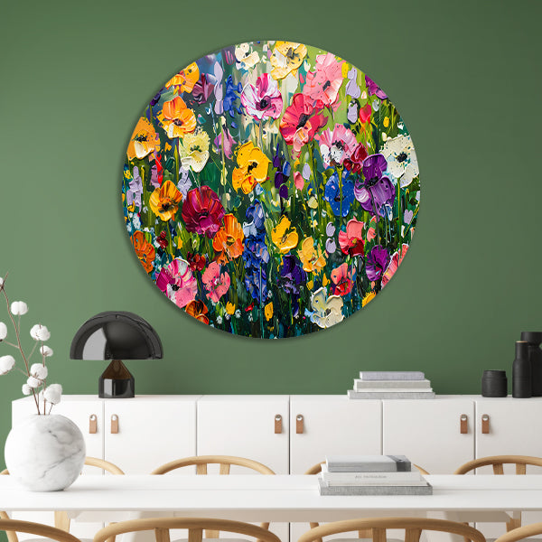 Kleurrijk schilderij van bloemenweide forex muurcirkel
