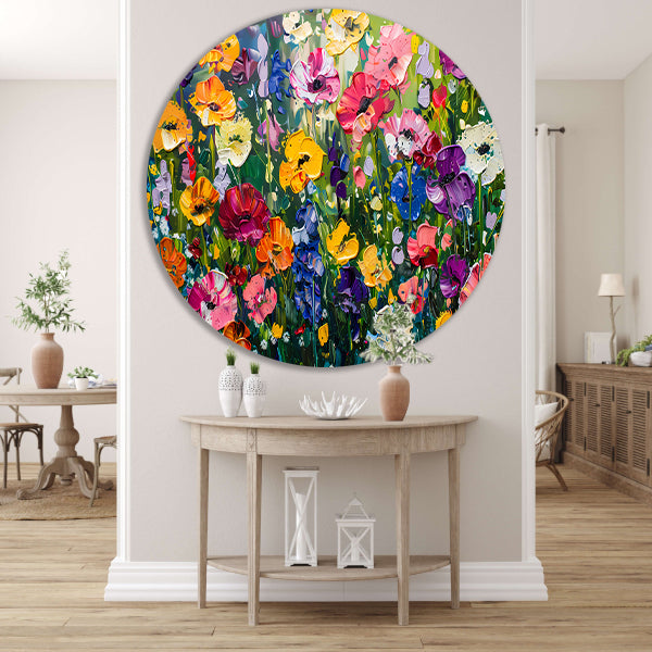 Kleurrijk schilderij van bloemenweide forex muurcirkel