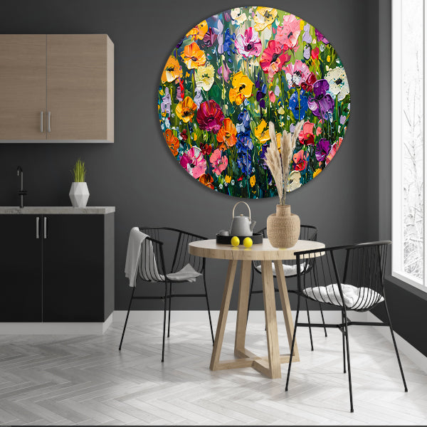 Kleurrijk schilderij van bloemenweide forex muurcirkel