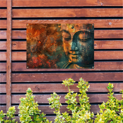Mysterieus Boeddha portret in rustieke stijl tuinposter