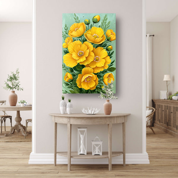 Levendige gele bloemen tegen groene achtergrond poster