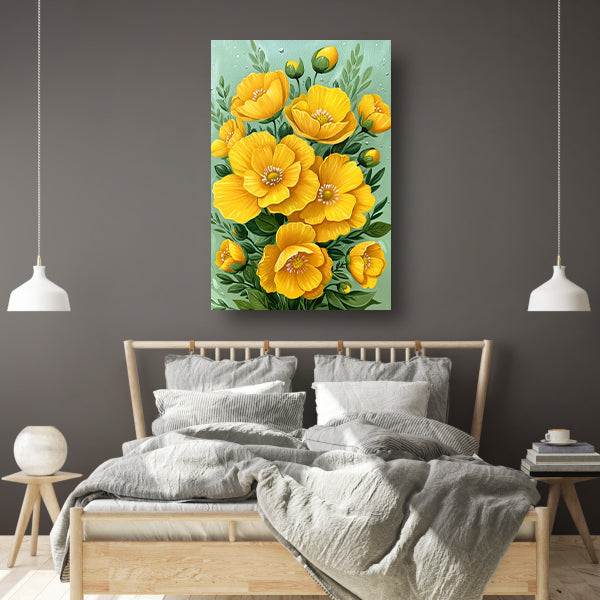 Levendige gele bloemen tegen groene achtergrond poster