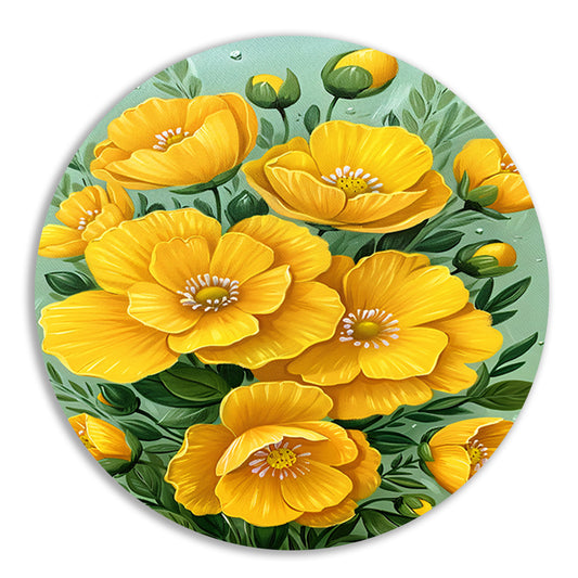 Levendige gele bloemen tegen groene achtergrond aluminium muurcirkel