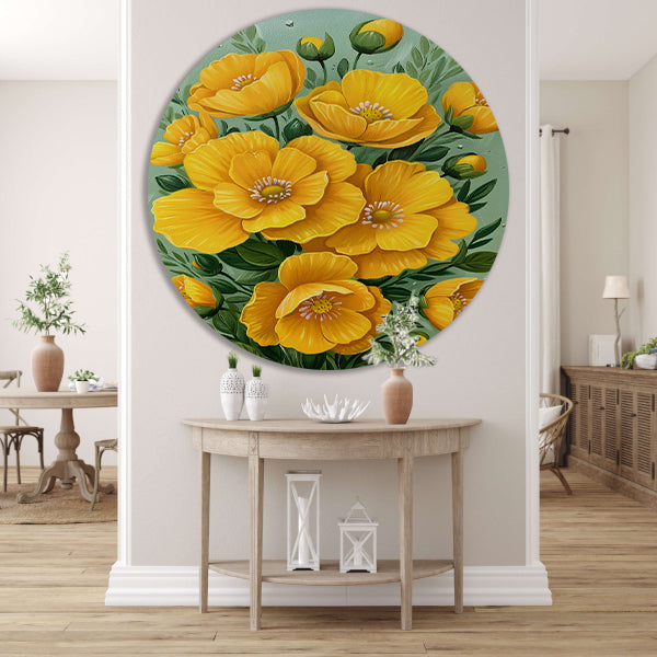 Levendige gele bloemen tegen groene achtergrond aluminium muurcirkel