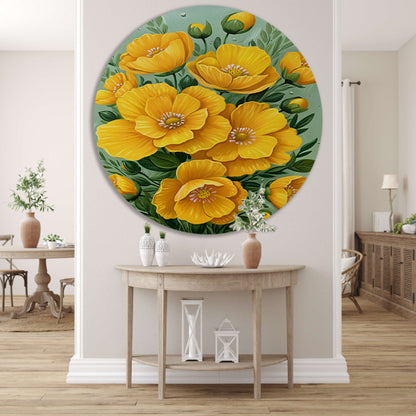 Levendige gele bloemen tegen groene achtergrond aluminium muurcirkel