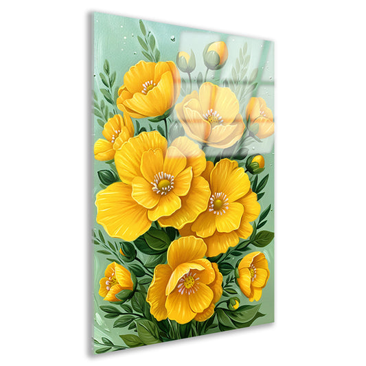 Levendige gele bloemen tegen groene achtergrond acrylglas